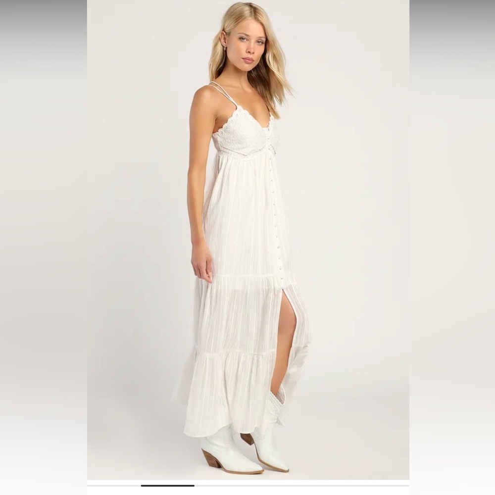 Lulus Always Wandering White Embroidered Tiered Maxi Dress- NWT